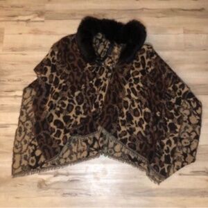 Steve Madden Leopard Print Cape with Black Fur Collar